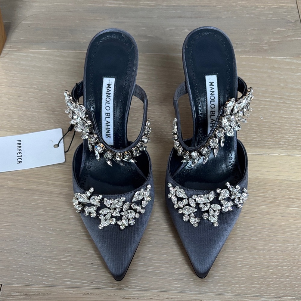 Manolo Blahnik Lurum Satin Crystal Embellished Mules